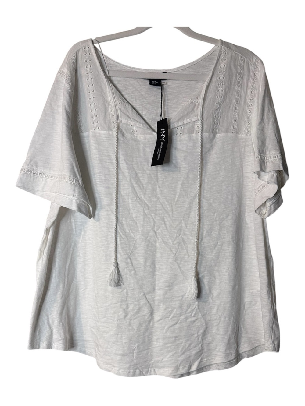 Jones New York White Embroidered Tie-Neck Short Sleeve Top, NWT 1X